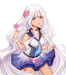  blue_eyes blue_necktie blush breasts cleavage commentary_request female flower hair_flower hair_ornament highres holding holding_flower large_breasts long_hair looking_at_viewer necktie parted_lips smile solo south_dakota_(warship_girls_r) teeth warship_girls_r white_hair xing_muhen 