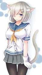  animal_ears arm_behind_back bad_id bad_pixiv_id black_pantyhose blue_eyes blush breasts cat_ears cat_tail doyachii embarrassed female gloves grey_hair hair_ornament hair_over_one_eye hairclip hamakaze_(kancolle) highres kantai_collection kemonomimi_mode large_breasts pantyhose pleated_skirt school_uniform serafuku short_hair short_sleeves simple_background skirt solo standing tail white_gloves 