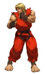  1boy animated animated_png arnold_tsang barefoot blonde_hair dougi fighting_stance fingerless_gloves full_body gloves ken_masters male_focus muscular official_style sleeveless solo street_fighter street_fighter_iii_(series) toes transparent_background 