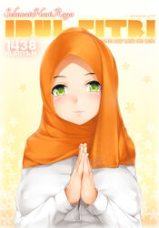  blush breasts commentary covered_nipples english_commentary female floral_background green_eyes highres hijab huge_breasts indonesian_text kopianget long_sleeves looking_at_viewer muslim orange_headwear original palms_together shirt smile solo translated yellow_background 