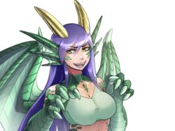  :d animal_ears animal_hands bad_link breasts claws cleavage dragon_(monster_girl_encyclopedia) dragon_girl dragon_horns dragon_wings eyes_visible_through_hair fangs female fins hair_between_eyes head_fins horns jewelry large_breasts long_hair monster_girl monster_girl_encyclopedia necklace open_mouth purple_hair scales second-party_source sharp_teeth simple_background smile solo soup-plz teeth upper_body white_background wings yellow_eyes 