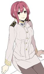  admiral_minami_kazusa bad_id bad_twitter_id female female_admiral_(kancolle) kantai_collection looking_at_viewer military military_uniform nagomi_(mokatitk) pantyhose red_eyes red_hair smile solo uniform 