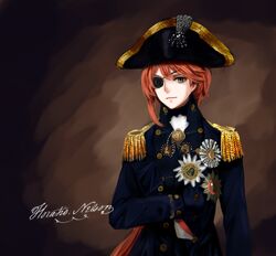  badge bicorne black_hat blue_jacket brown_background buttons closed_mouth commentary_request cosplay epaulettes eyepatch female hair_between_eyes hand_up hat high_collar highres horatio_nelson horatio_nelson_(cosplay) jacket light_smile looking_at_viewer military military_uniform name_connection nelson_(warship_girls_r) one_eye_covered real_life red_hair signature simple_background solo tuziki_sang uniform upper_body warship_girls_r yellow_eyes 