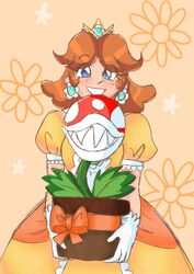  bangs blue_eyes brown_hair crown dress earrings female flower_earrings flower_pot frilled gem gloves grin happy jewelry looking_at_viewer mario_(series) nintendo piranha_plant plant princess_daisy puffy_sleeves sassy short_hair short_sleeves smile standing super_mario_bros. super_mario_land super_smash_bros. teeth tomboy white_gloves yellow_dress 