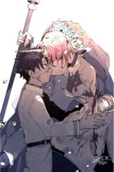  1boy bare_shoulders belt berserker_of_black black_hair blood blue_eyes breasts dress elbow_gloves fate/apocrypha fate/grand_order fate_(series) female flower fujimaru_ritsuka_(male) gloves hair_ornament horn mace open_mouth pants pink_hair short_hair smile veil weapon 