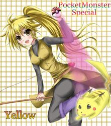  ass blonde_hair blush boots breasts brown_eyes character_name china_dress chinese_clothes chuchu_(pokemon) dress duel_angel female fishing_rod long_hair looking_at_viewer nintendo open_mouth pants pikachu poke_ball pokemon pokemon_(game) pokemon_rgby pokemon_special ponytail smile yellow_(pokemon) 