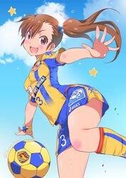  ball blush breasts brown_eyes brown_hair cloud commentary_request day female futami_mami hair_bobbles hair_ornament highres idolmaster idolmaster_(classic) inoue_sora j._league kneehighs long_hair looking_at_viewer medium_breasts open_mouth shirt shorts side_ponytail sky smile soccer soccer_ball soccer_uniform socks solo sportswear star_(symbol) striped sweat vegalta_sendai 