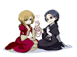  2girls adella_the_nun arianna_(bloodborne) black_hair blonde_hair bloodborne commentary_request dress gloves heart interlocked_fingers long_hair multiple_girls murai_shinobu smile 