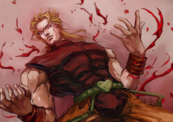  1boy blonde_hair blood bracer commentary_request dio_brando hideki jojo_no_kimyou_na_bouken male_focus mullet photoshop_(medium) red_eyes sleeveless sleeveless_turtleneck solo stardust_crusaders turtleneck 