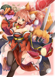  absurdres animal_ears animal_hands bell breasts cleavage collar commentary_request detached_sleeves egg fangs fate/grand_order fate_(series) female food fox_ears fox_tail hair_ribbon highres japanese_clothes kanna_(chaos966) large_breasts long_hair looking_at_viewer meat neck_bell open_mouth pink_hair revision ribbon solo tail tamamo_(fate) tamamo_cat_(fate) tamamo_cat_(first_ascension)_(fate) vegetable yellow_eyes 