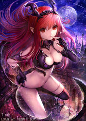  armlet ass black_gloves breasts bridal_gauntlets female finger_to_mouth floating_hair gloves hair_between_eyes hisahisahisahisa horns leaning_forward long_hair looking_at_viewer lord_of_vermilion lord_of_vermilion_iii medium_breasts moon pointy_ears red_eyes red_hair solo succubus_(lord_of_vermilion) thighhighs 