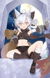  absurdres ahoge animal_ears bag bandaged_arm bandaged_leg bandages belt bike_shorts bike_shorts_under_skirt bow commentary_request earrings female fingerless_gloves fox_ears fox_tail full_body full_moon gloves grey_gloves hairbow halterneck highres jewelry looking_at_viewer luoxuan_jingjie_xian midriff miniskirt moon navel night oerba_yun_fang ootsuki_momiji open_mouth orange_eyes photoshop_(medium) shawl single_earring sitting skirt sky smile solo star_(sky) starry_sky tail turtleneck white_hair window 