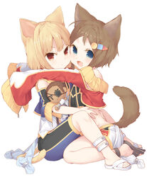  2girls :d :o animal_ears bare_shoulders bike_shorts blonde_hair blue_eyes brown_hair cat_ears cat_tail character_doll cheek-to-cheek commentary_request dog_ears dog_tail eyepatch hair_ornament hairclip heads_together highres hug looking_at_viewer midriff multiple_girls odin_(yurudorashiru) oerba_yun_fang open_mouth red_eyes short_hair sitting sleeves_past_wrists slippers smile tail tokuno_yuika v-shaped_eyebrows yurudorashiru 