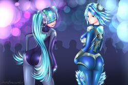  alternate_costume armor ass blue_eyes blue_hair bodysuit breasts dj_sona from_behind frown gloves gradient gradient_background headgear helmet ice irelia katzueki league_of_legends leaning leaning_forward long_hair looking_back multiple_girls open_mouth short_hair sideboob smile sona_buvelle twintails very_long_hair 