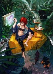  ainezu artist_painter barefoot bikini bikini_top_only black_bikini capri_pants commentary_request couch cup feet feline female green_eyes highres mug nature navel open_clothes original paintbrush pants plant red_hair revision short_hair sitting solo swimsuit tree 