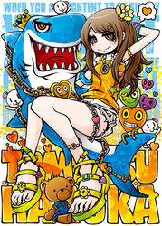  anklet armpits bracelet brown_eyes brown_hair chains commentary_request crown decora eyelashes feet female flower hair_flower hair_ornament heart jewelry legs long_hair navel necklace photoshop_(medium) project.c.k. real_life sandals shark shorts sleeveless smile solo stuffed_animal stuffed_toy teddy_bear toes tomatsu_haruka voice_actor 