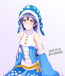  animal_costume bare_shoulders blue_hair blush character_name commentary_request dated detached_sleeves female fur_trim grey_background hair_between_eyes hat long_hair long_sleeves looking_at_viewer love_live! love_live!_school_idol_festival love_live!_school_idol_project roaru_(gyuren) simple_background sitting smile solo sonoda_umi whale_shark yellow_eyes 