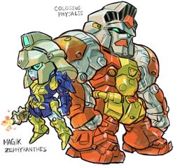  aburaya_tonbi character_name chibi colossus_(x-men) commentary_request full_body fusion green_eyes gundam gundam_0083 gundam_gp-01_zephyranthes gundam_gp-02_physalis height_difference magik_(x-men) marvel mechanization simple_background standing white_background x-men 