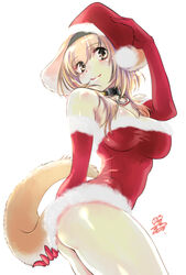  animal_ears ass bare_legs bare_shoulders black_collar black_hairband blush breasts brown_eyes brown_fur brown_hair christmas collar commentary_request dog_ears dog_girl dog_tail dress elbow_gloves feet_out_of_frame female floppy_ears from_side fur-trimmed_dress fur_sleeves fur_trim gloves hair_between_eyes hairband hand_up hat isekai_meikyuu_de_harem_wo jewelry light_brown_hair looking_at_viewer looking_to_the_side medium_breasts neck_ring o-ring_collar official_art red_gloves red_headwear roxanne_(isekai_meikyuu_de_harem_wo) santa_costume santa_dress santa_hat shikidouji shiny_skin short_hair short_hair_with_long_locks simple_background smile solo tail thighs white_background 