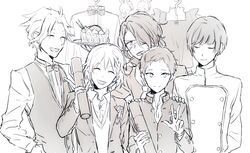  6+boys asselin_bb_ii braid cafe_parade_(idolmaster) cardigan chef commentary_request diploma eyepatch gakuran hair_over_one_eye idolmaster idolmaster_side-m jacket kamiya_yukihiro looking_to_the_side male_focus mizushima_saki monochrome multiple_boys open_clothes open_jacket school_uniform shinonome_soichiro smile stuffed_animal stuffed_rabbit stuffed_toy tray urahara uzuki_makio v waiter wavy_hair 