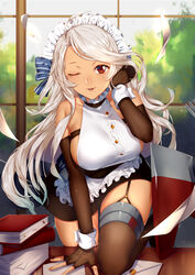  ahoge apron arm_support azur_lane bare_shoulders black_gloves blonde_hair blush book bow breasts brooklyn_(azur_lane) chinese_commentary commentary_request dark-skinned_female dark_skin day desk elbow_gloves female fingerless_gloves garter_straps gloves halterneck hand_on_own_head iiiroha indoors large_breasts letter long_hair looking_at_viewer machinery maid mounting one_eye_closed paper_stack red_eyes ribbon rigging shiny_skin sideboob sidelocks skindentation skirt solo thighhighs thighs very_long_hair wavy_hair 