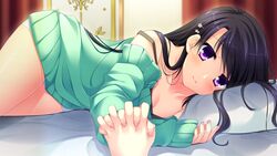  black_hair blush female game_cg hair_ornament hairclip highres interlocked_fingers long_hair looking_at_viewer lying namanie noblesse_of_rouge off_shoulder on_side oohinata_rui out_of_frame purple_eyes short_shorts shorts smile solo_focus strap_slip sweater 