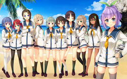  6+girls antenna_hair beach black_hair black_legwear blonde_hair blue_eyes blue_hair blush braid breasts cecilia_(resort_beach_de_haramasete) cleavage cloud clouds dark_skin feet full_body game_cg glasses green_eyes green_hair hand_on_hip happy hatachi highres komori_(resort_beach_de_haramasete) legs long_hair long_sleeves looking_at_viewer multiple_girls natalia_(resort_beach_de_haramasete) ocean open_mouth palm_tree poniko_(resort_beach_de_haramasete) purple_eyes purple_hair red_hair resort_beach_de_haramasete! sand school_uniform shoes short_hair sky smile socks standing thighs twintails water white_legwear wink yellow_eyes 