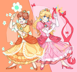  2girls arms_up bangs blonde_hair blue_eyes brooch brown_hair crown dress earrings elbow_gloves flower flower_earrings friends frilled gem gloves happy high_heels jewelry long_hair looking_at_viewer mario_(series) mario_party mario_tennis multiple_girls nintendo pink_dress princess princess_daisy princess_peach puffy_ ribbons short_hair short_sleeves smile super_mario_bros. super_mario_land super_princess_peach super_smash_bros. tomboy white_gloves wink yellow_dress 