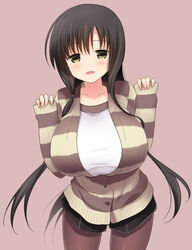  :d black_hair black_pantyhose blush breasts buttons casual collarbone commentary_request cowboy_shot female green_eyes huge_breasts hyuuga_takashi iwato_kasumi jacket long_hair long_sleeves open_mouth pantyhose parted_lips saki_(manga) simple_background sleeves_past_wrists smile solo standing sweater 