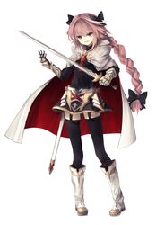  1boy absurdres astolfo_(fate) black_thighhighs boots braid cape commentary_request fate/apocrypha fate/grand_order fate_(series) gauntlets hair_ribbon highres long_hair male_focus oerba_yun_fang open_mouth pink_hair purple_eyes ribbon riuichi single_braid smile solo sword thighhighs weapon 