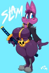  :3 anthro bat big_breasts breasts clothed clothing curvy_figure female hi_res looking_at_viewer mammal melee_weapon simple_background smile solo sophie_slam sword thick_thighs vimhomeless voluptuous weapon wide_hips 