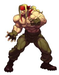  1boy abs alex_(street_fighter) animated animated_png arnold_tsang boots combat_boots fighting_stance fingerless_gloves full_body gloves headband long_hair male_focus muscular official_style ponytail solo street_fighter street_fighter_iii_(series) tattoo topless_male transparent_background 