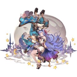  1boy bare_shoulders blonde_hair blue_eyes blue_hair brother_and_sister cheek-to-cheek drill_hair female full_body granblue_fantasy hair_ribbon hat heads_together ikelos long_hair minaba_hideo morphe_(granblue_fantasy) nightcap official_art pajamas phoebe_(granblue_fantasy) ribbon short_hair siblings transparent_background very_long_hair yellow_eyes 