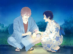  1boy black_hair blue_eyes brown_hair collarbone commentary_request female fireworks full_body geta grass habuki hand_fan japanese_clothes kimono konno_makoto mamiya_chiaki night obi open_mouth paper_fan road sandals sash senkou_hanabi short_hair smile sparkler squatting star_(sky) summer toki_wo_kakeru_shoujo uchiwa yukata 