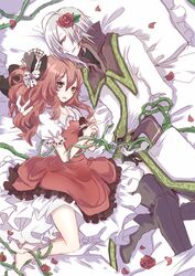  1boy ascot bad_id bad_pixiv_id bed black_legwear boots brown_eyes brown_hair coat dress female flower frills hair_flower hair_ornament hat henrietta_grimm ibara_ouji long_hair lying mini_hat mini_top_hat petals pillow plant red_dress red_flower red_rose rose rose_petals spc thigh_boots thighhighs tilted_headwear top_hat vines white_hair zettai_meikyuu_grimm 