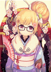  ahoge azur_lane bespectacled black-framed_eyewear black_gloves blonde_hair closed_mouth commentary eldridge_(azur_lane) eldridge_(new_year&#039;s_outing)_(azur_lane) ema facial_mark female floral_print flower folding_fan frilled_sleeves frills fur_collar glasses gloves hair_bun hair_flower hair_ornament hand_fan hands_up happy_new_year head_tilt highres holding holding_fan japanese_clothes kimono light_particles long_sleeves looking_at_viewer misago_(525) new_year obi official_alternate_costume official_alternate_hairstyle pink_flower print_kimono purple_kimono red_eyes sash shadow sidelocks single_hair_bun smile solo tassel upper_body wide_sleeves 