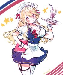  alternate_costume bad_id bad_twitter_id blonde_hair blue_eyes drink female iowa_(kancolle) kantai_collection long_hair maid_headdress natsumi_(natumi06) solo star-shaped_pupils star_(symbol) symbol-shaped_pupils thighhighs tray waitress wrist_cuffs 