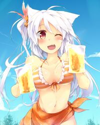  ;d alcohol beer bikini blush breasts cloud commentary_request cup day female long_hair looking_at_viewer medium_breasts mug navel oerba_yun_fang one_eye_closed open_mouth orange_bikini original rinrin_(927413) sarong sky smile solo swimsuit very_long_hair white_hair 