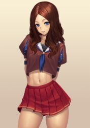  adapted_costume armband arms_behind_back blue_eyes blue_neckerchief brown_background brown_hair brown_shirt commentary contrapposto cosplay crop_top crop_top_overhang fate/grand_order fate/grand_order_arcade fate_(series) female gradient_background grin highres legs_apart leonardo_da_vinci_(active_sailor)_(fate) leonardo_da_vinci_(fate) leonardo_da_vinci_(rider)_(fate) leonardo_da_vinci_(rider)_(fate)_(cosplay) long_hair looking_at_viewer medium_skirt midriff navel neckerchief parted_bangs pleated_skirt puff_and_slash_sleeves puffy_short_sleeves puffy_sleeves ranma_(kamenrideroz) red_skirt school_uniform serafuku shirt short_sleeves sidelocks skirt smile solo standing star_(symbol) stomach wavy_hair 