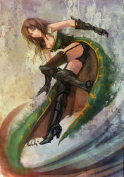  armor armored_boots black_shorts blue_eyes boots breasts brown_hair castlevania:_lords_of_shadow castlevania_(series) cleavage commentary_request corset cross-laced_clothes dress female full_body garter_straps gauntlets genderswap_(mtf) gold_trim greaves green_dress hideki knee_boots legs long_hair open_clothes open_dress photoshop_(medium) rule_63 short_shorts shorts signature solo thighhighs trevor_c._belmont underbust 