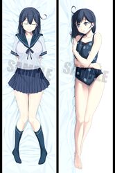  3: ahoge anchor_symbol arms_behind_back barefoot bed_sheet black_bow black_hair blue_legwear blue_one-piece_swimsuit blue_ribbon blue_skirt bow breasts cleavage closed_eyes collarbone commentary_request dakimakura_(medium) female frown gif_artifacts grey_eyes hair_between_eyes hand_on_own_hip himura_kiseki kantai_collection kneehighs large_breasts long_hair lying multiple_views no_shoes on_back on_side one-piece_swimsuit open_mouth pleated_skirt polka_dot polka_dot_swimsuit ribbon sample_watermark school_uniform serafuku short_sleeves skirt socks swimsuit tareme ushio_(kancolle) ushio_(swimsuit_mode)_(kancolle) watermark 