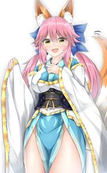  absurdres alternate_costume animal_ear_fluff animal_ears blue_bow blush bow breasts collarbone commentary_request cosplay fate/extra fate/grand_order fate_(series) female fox_ears fox_tail hairbow hand_on_own_chest highres kiyohime_(fate) kiyohime_(fate)_(cosplay) kiyohime_(the_faithful_dog_who_waits)_(fate) kiyohime_(the_faithful_dog_who_waits)_(fate)_(cosplay) large_breasts long_hair looking_at_viewer moyoron open_mouth pink_hair smile solo tail tamamo_(fate) tamamo_no_mae_(fate/extra) twintails 