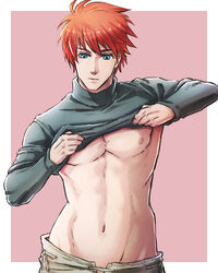  1boy abs asukan blue_eyes commentary eliwood_(fire_emblem) fire_emblem fire_emblem:_the_blazing_blade male_focus photoshop_(medium) red_hair simple_background solo undressing 