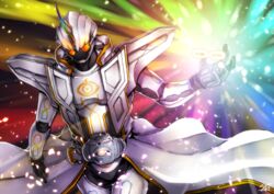  1boy armor bad_id bad_pixiv_id belt full_armor ghost_driver helmet highres hood hoodie horns infinity_symbol kamen_rider kamen_rider_ghost kamen_rider_ghost_(mugen_damashii) kamen_rider_ghost_(series) light light_particles light_rays male_focus orange_eyes shoulder_armor single_horn solo tokusatsu vest yusuki_(fukumen) 