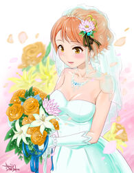  absurdres bare_shoulders blush bouquet bridal_veil brown_hair commentary_request dress elbow_gloves female flower gloves hair_flower hair_ornament highres hojo_karen idolmaster idolmaster_cinderella_girls long_hair smile solo takuji_yuusaku veil wedding_dress white_dress 