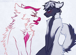  angiewolf anthro blue_eyes blush canid canine cotton_candy_(angiewolf) danny_thomas digital_media_(artwork) duo fur grey_body grey_fur hair horn looking_down mammal markings multicolored_body multicolored_fur open_mouth pink_body pink_fur pink_nose text two_tone_body two_tone_fur white_body white_fur yellow_eyes 