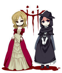  2girls adella_the_nun arianna_(bloodborne) black_hair blonde_hair bloodborne commentary_request dress gloves long_hair multiple_girls murai_shinobu smile 