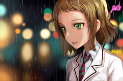  bad_id bad_pixiv_id blurry bokeh brown_hair commentary_request depth_of_field female green_eyes kira_tsubasa lips love_live! love_live!_school_idol_project necktie photoshop_(medium) rain school_uniform short_hair sl86 solo striped striped_necktie tears upper_body utx_school_uniform 