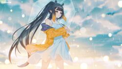  2nii artist_name black_eyes black_hair blunt_bangs dress eyeshadow female gradient_hair hair_behind_ear highres holding holding_umbrella hololive hololive_english jacket long_hair makeup multicolored_hair ninomae_ina&#039;nis official_alternate_hairstyle orange_hair parted_lips pointy_ears ponytail rain red_eyeshadow sidelocks solo tentacle_hair transparent transparent_umbrella umbrella very_long_hair violet_(ninomae_ina&#039;nis) virtual_youtuber white_dress yellow_jacket 