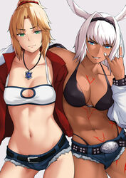  2girls abs animal_ears bbk_(13zk) bikini black_bikini blonde_hair blue_eyes body_markings breasts caenis_(fate) cleavage cowboy_shot cutoffs dark-skinned_female dark_skin dog_ears duplicate fate/grand_order fate_(series) green_eyes grey_background hair_intakes hair_ornament hair_scrunchie halterneck highleg highleg_bikini highres jacket jewelry large_breasts long_hair micro_shorts mordred_(fate) mordred_(fate/apocrypha) mordred_(memories_at_trifas)_(fate) multiple_girls navel necklace pixel-perfect_duplicate ponytail red_jacket red_scrunchie scrunchie shorts studded_jacket swimsuit tattoo 